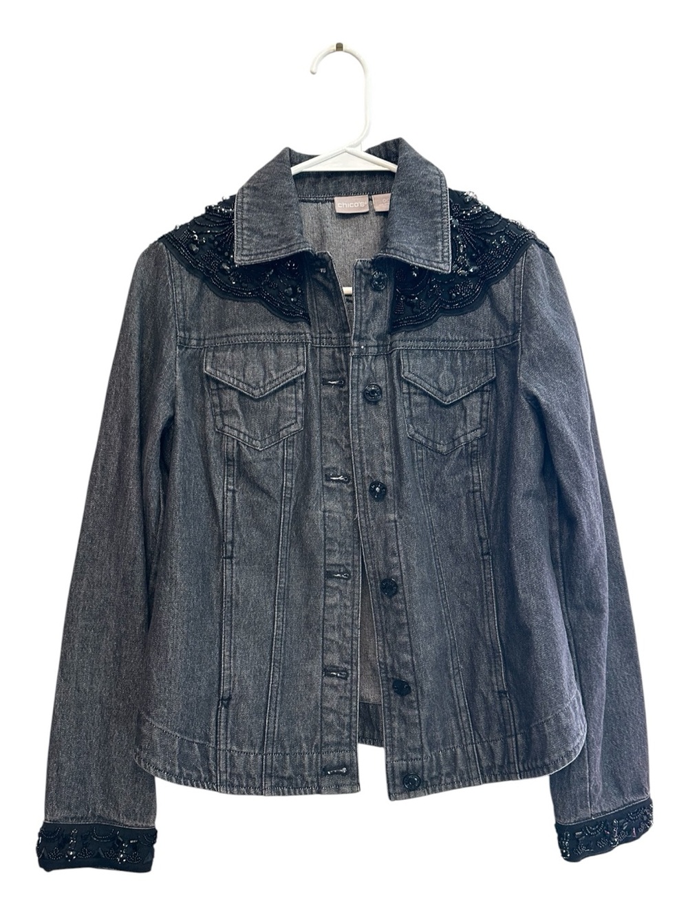 Y2K Era Chico’s Denim Western Style Embellished Beaded Jacket Size 00 (XS)**